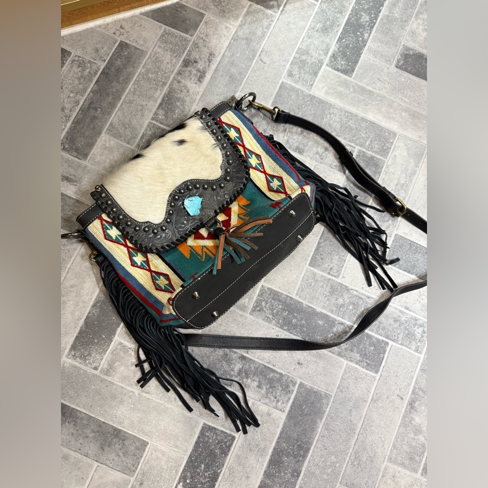 Boho Fringe Crossbody Bag with Tribal Pattern